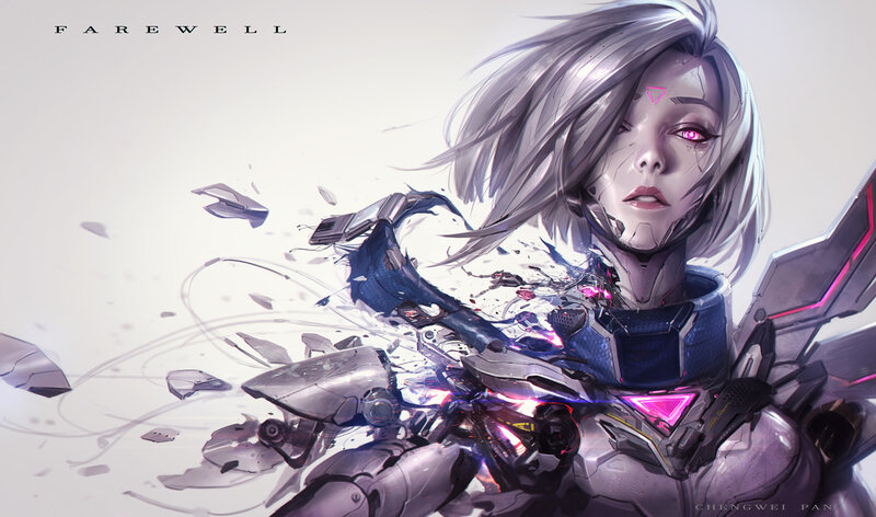 Cyborg Woman in Armor — Gray, Dramatic, Intense