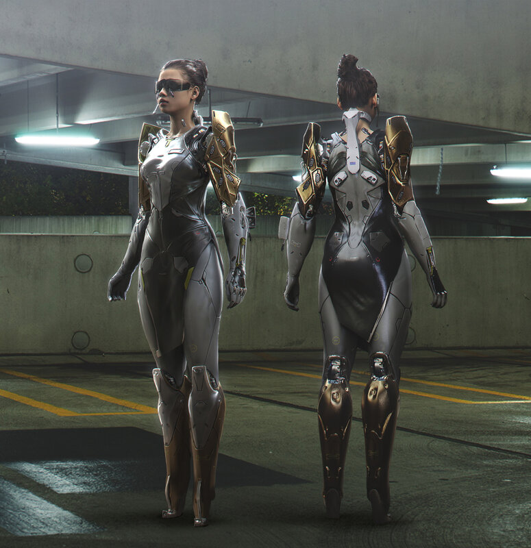 Cyborg Woman in Armor — Gray, Dramatic, Night