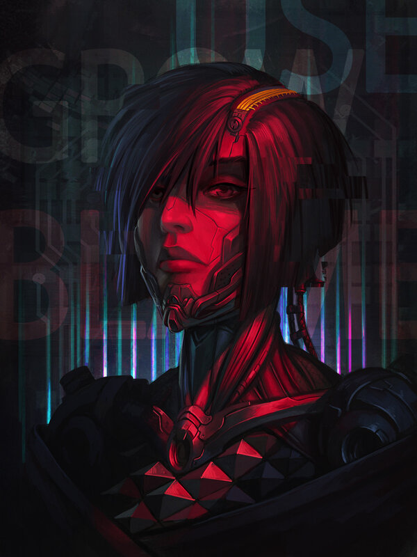 Cyborg Woman in Armor — Red, Dramatic, Night