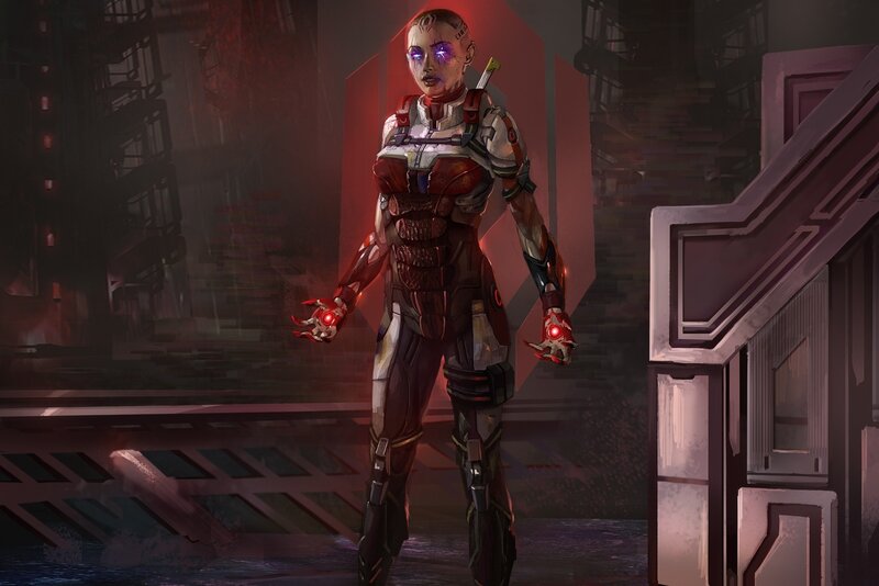 Cyborg Woman in Armor — Red, Dramatic