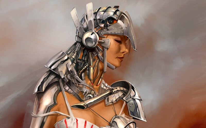 Cyborg Woman in Armor — Silver, Dramatic, Digital Art, Helmet