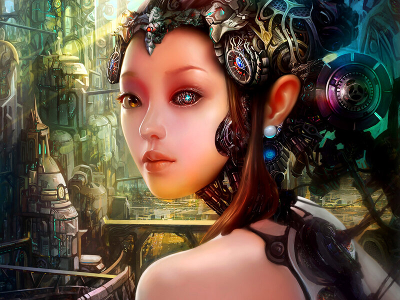 Cyborg Woman in City — Brown