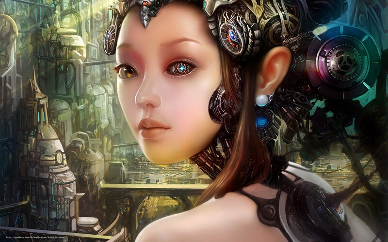Cyborg Woman in City — Green