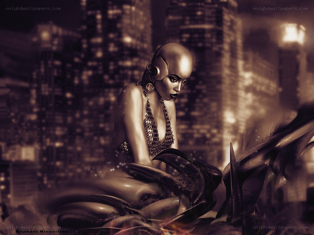cyborg woman in cityscape