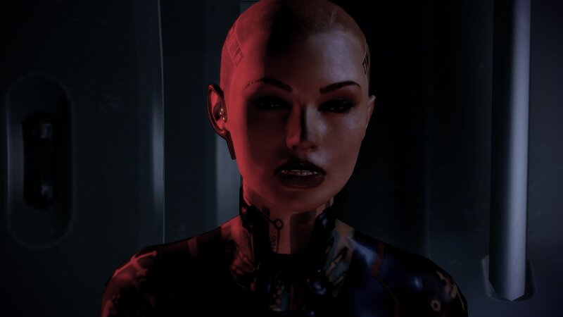 cyborg woman in dark room