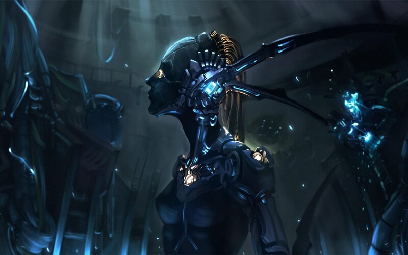 Cyborg Woman in Dark Room — Black, Dramatic, Digital Art