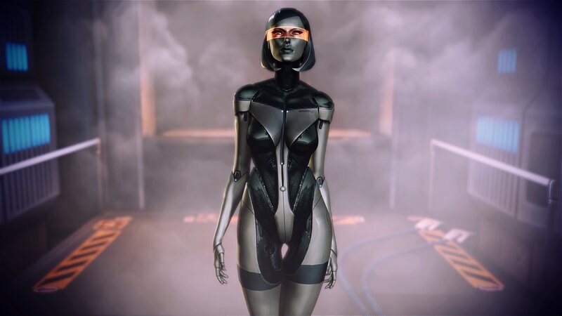 cyborg woman in futuristic corridor