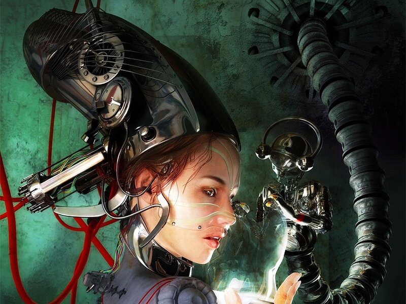 cyborg woman in industrial setting