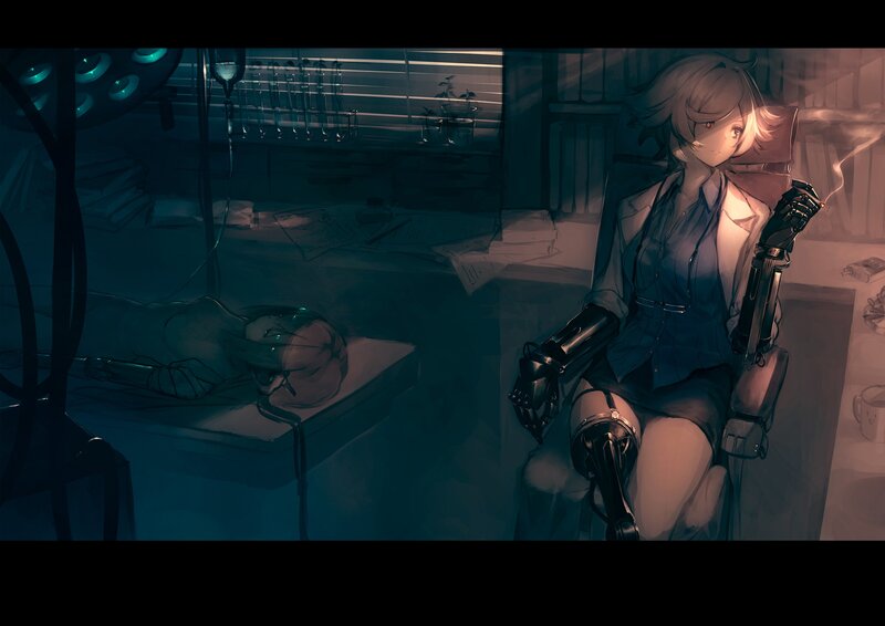 Cyborg Woman in Lab — Blue, Dramatic