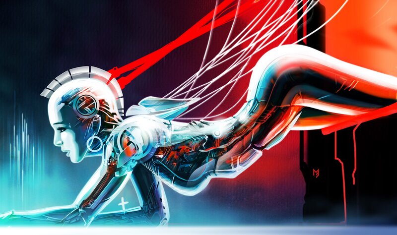 Cyborg Woman in Motion — Blue, Dramatic, Digital Art