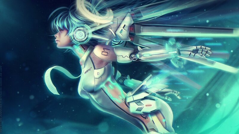 Cyborg Woman in Motion — Blue, Dramatic, Night, Digital Art