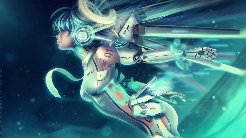 Cyborg Woman in Motion — Blue, Dramatic, Night