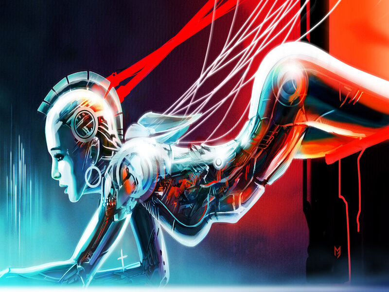 Cyborg Woman in Motion — Blue, Dramatic