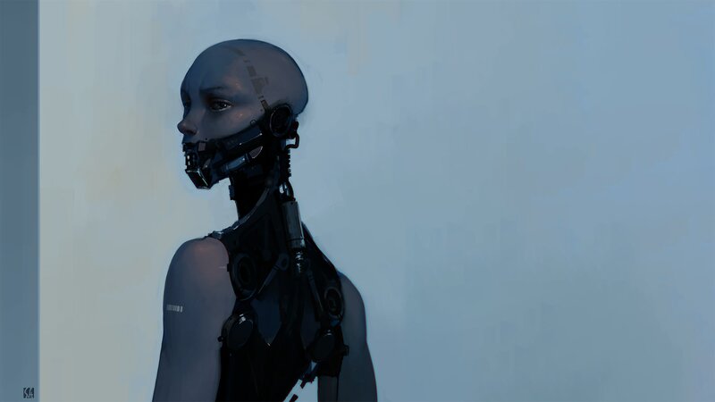 Cyborg Woman in Profile — Blue, Dramatic, Digital Art, Robotic Neck