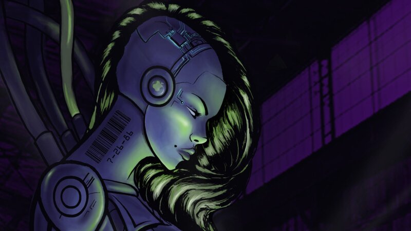 cyborg woman in purple light