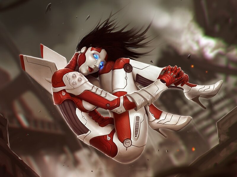 cyborg woman in red and white armor