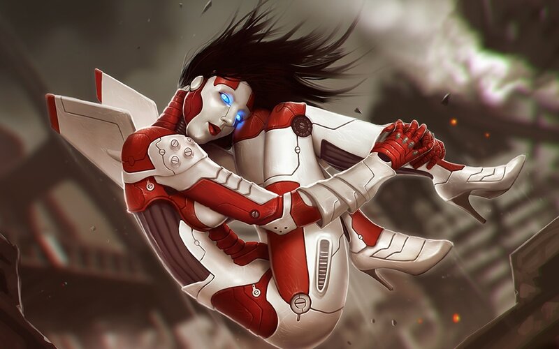 cyborg woman in red and white suit