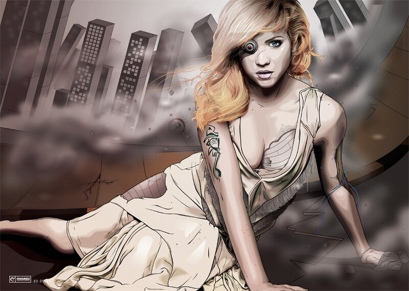 cyborg woman in ruined city