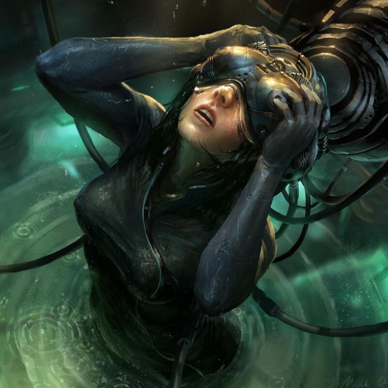 cyborg woman in water