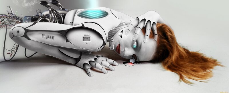 Cyborg Woman Lying Down — White, Dramatic