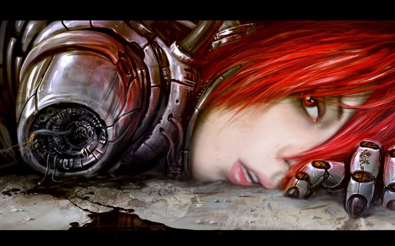 cyborg woman lying on ground