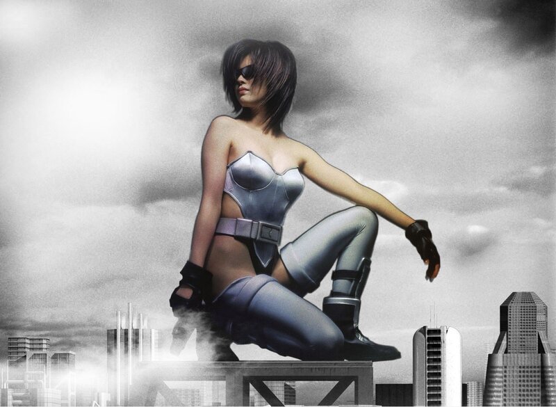 cyborg woman on city rooftop
