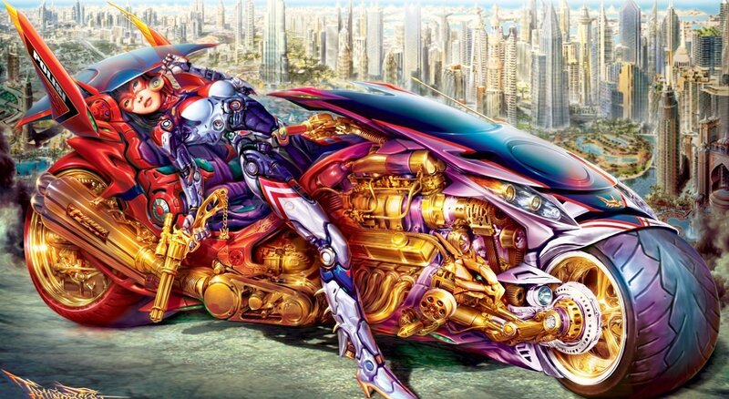 Cyborg Woman on Motorcycle — Red