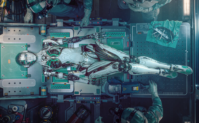 Cyborg Woman on Operating Table — Teal