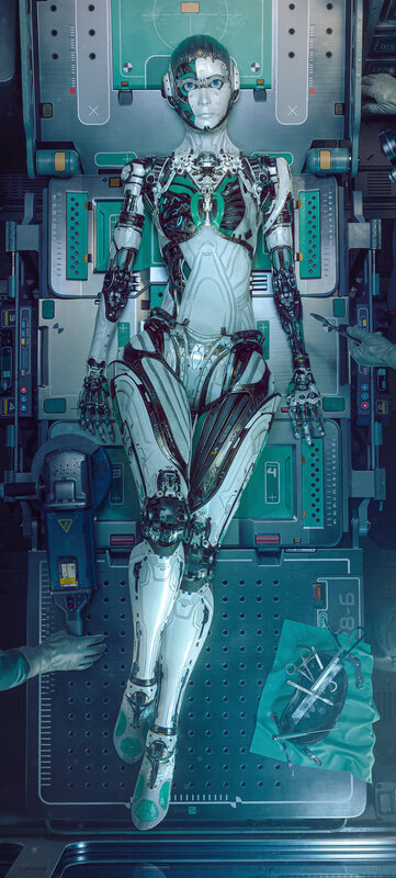 Cyborg Woman on Operating Table — White
