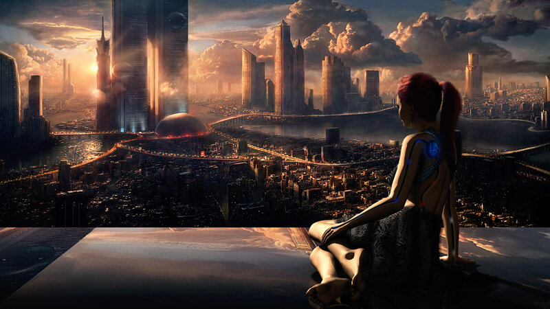 Cyborg Woman Overlooking City — Orange