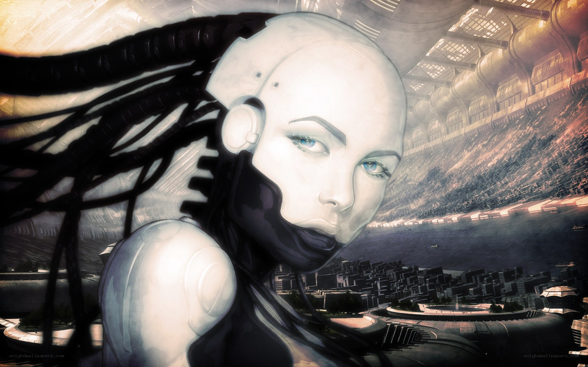 cyborg woman overlooking city