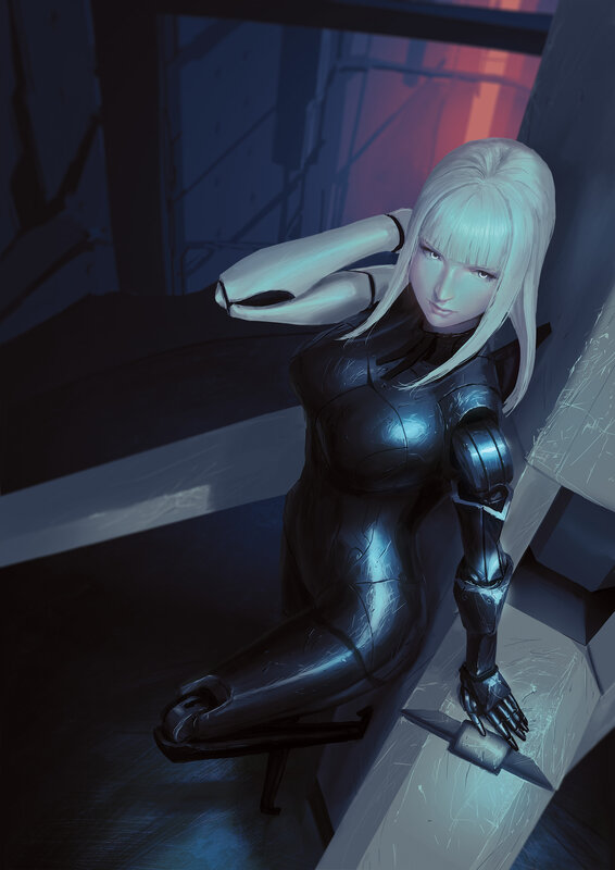 Cyborg Woman Sitting — Black, Dramatic