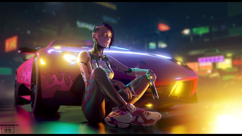 Cyborg Woman Sitting — Purple