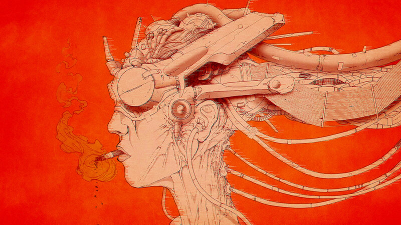 Cyborg Woman Smoking — Red, Dramatic