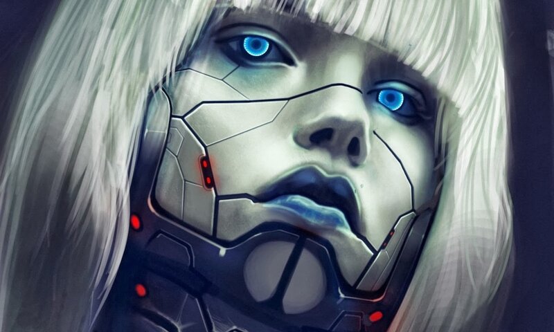 Cyborg Woman with Blue Eyes — White, Dramatic