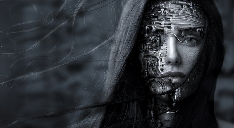 Cyborg Woman with Exposed Mechanics — Black