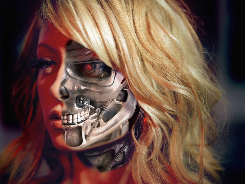 cyborg woman with exposed skull
