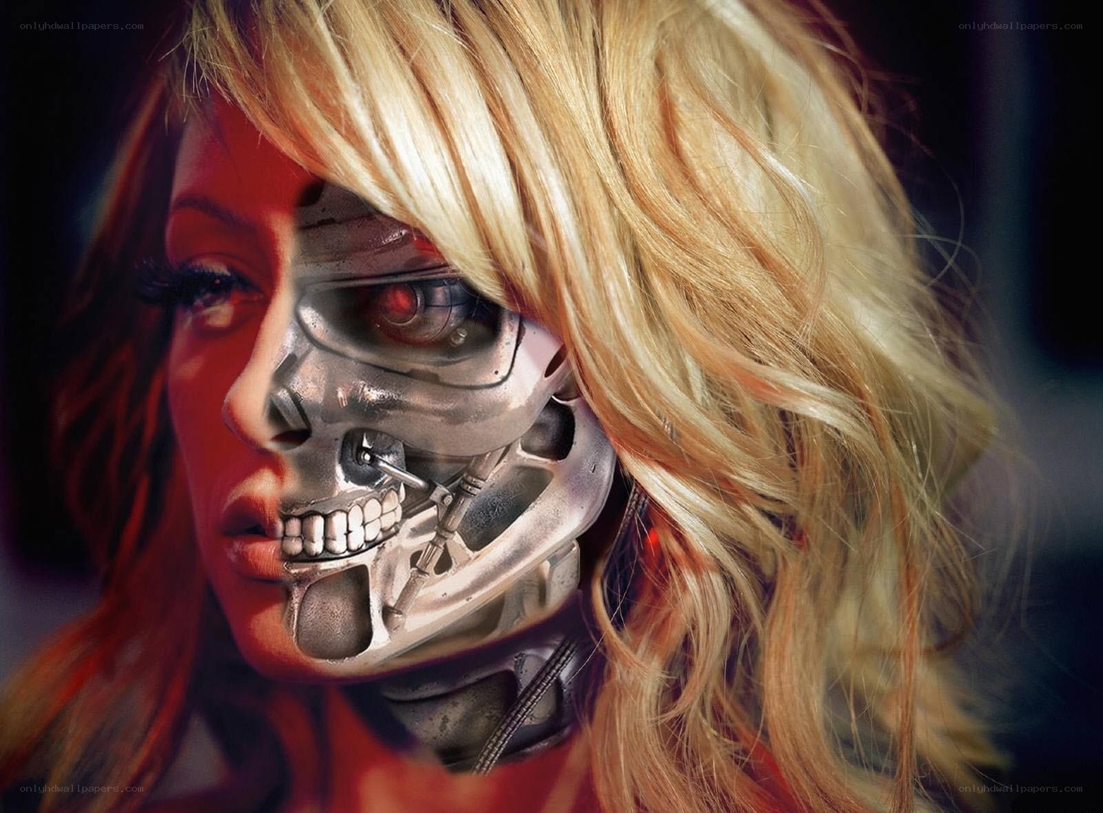 cyborg woman with exposed skull