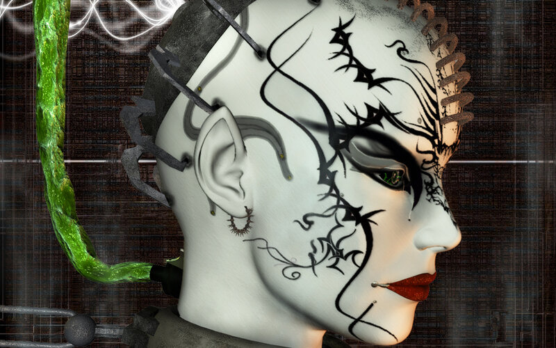 cyborg woman with face art