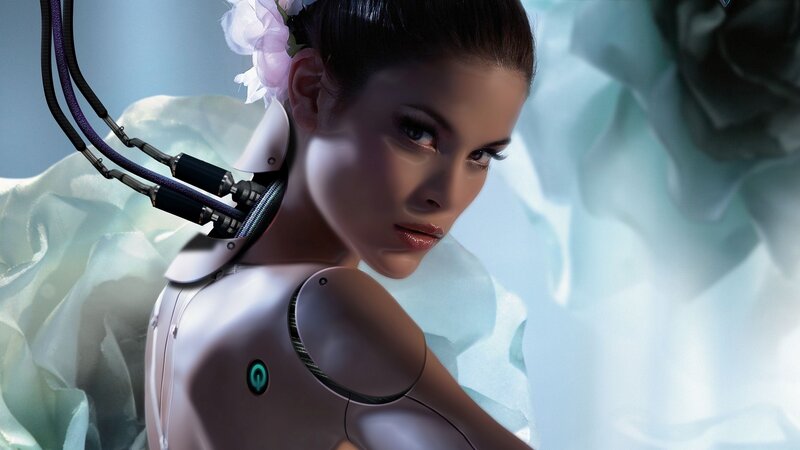 Cyborg Woman with Flowers — White