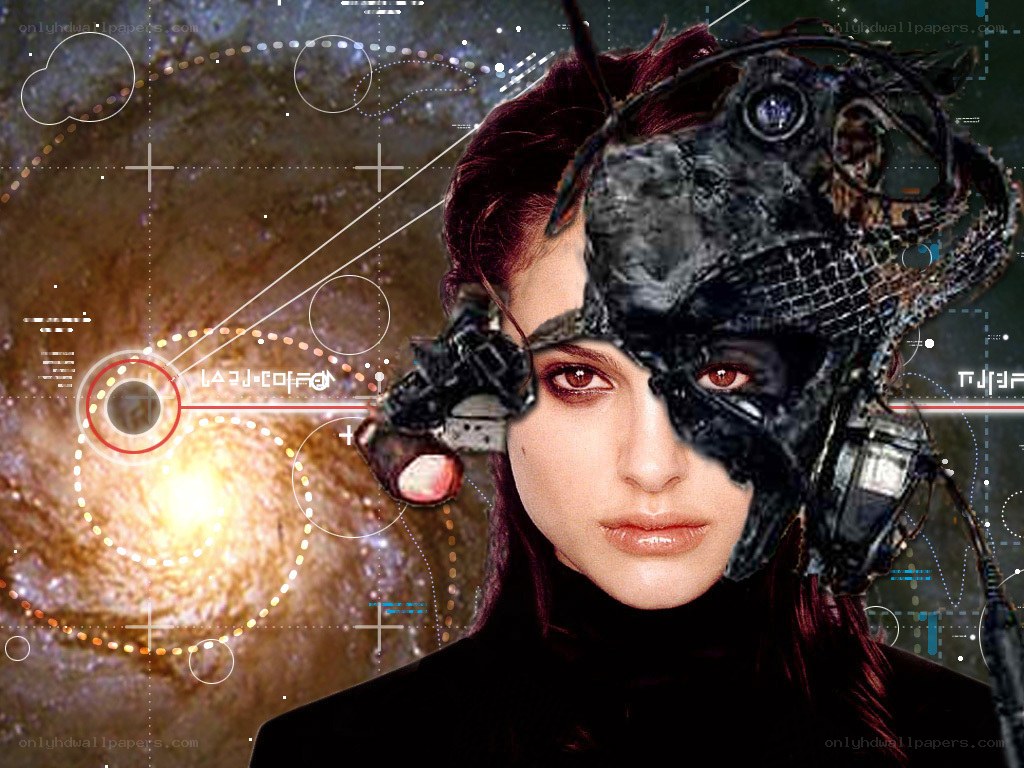 cyborg woman with galaxy background