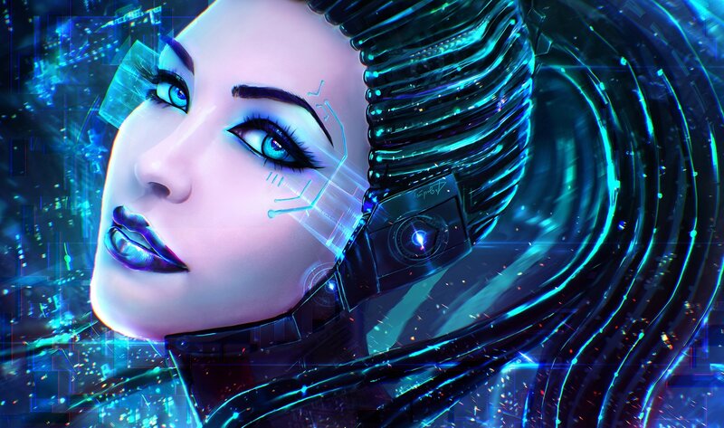 Cyborg Woman with Glowing Circuits — Blue