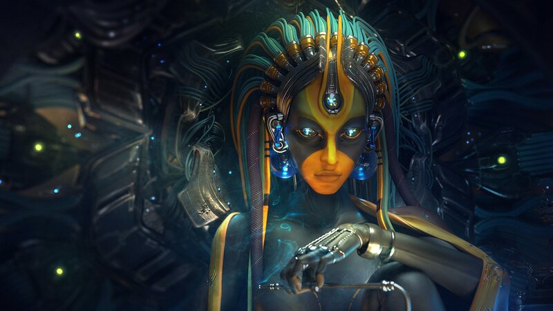 Cyborg Woman with Glowing Eyes — Black, Dramatic