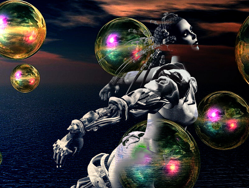 cyborg woman with glowing orbs