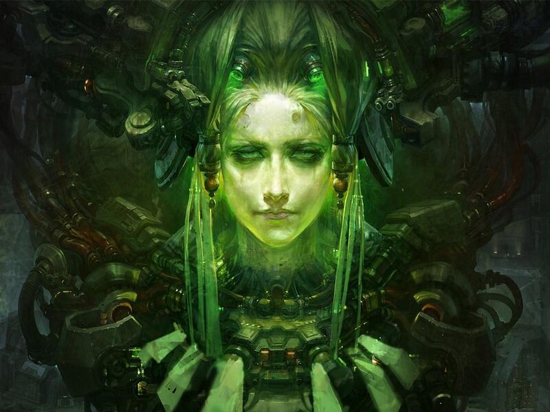 Cyborg Woman with Green Light — Dramatic, Digital Art