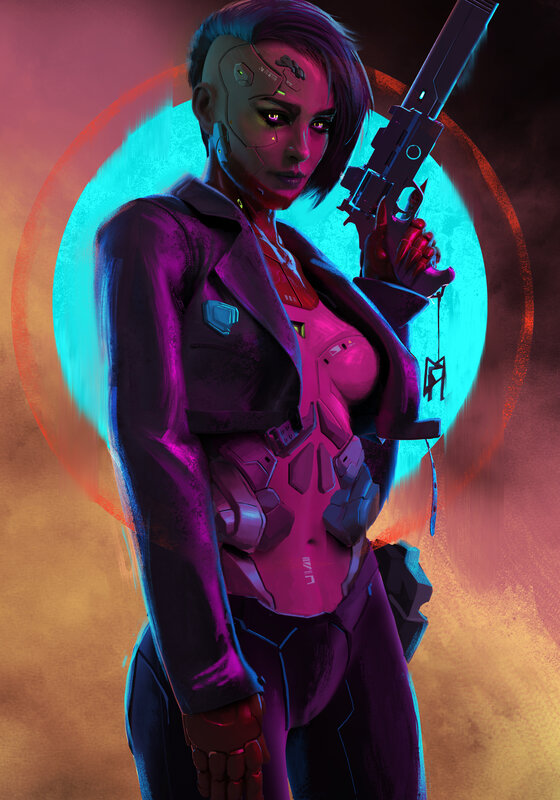Cyborg Woman with Gun — Purple, Dramatic