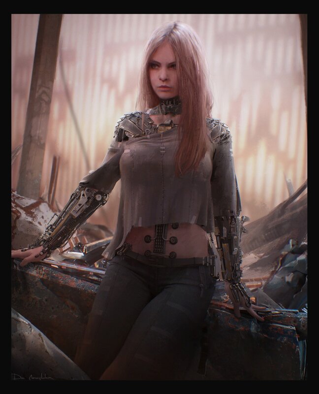 Cyborg Woman with Mechanical Arms — Gray