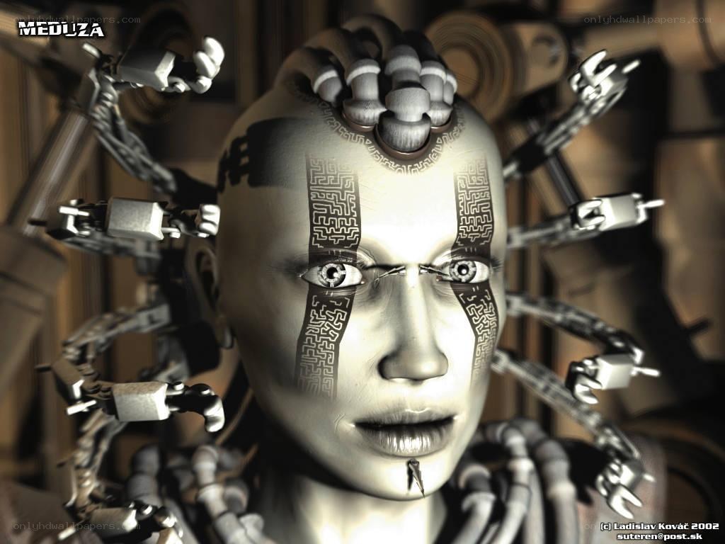 cyborg woman with mechanical arms