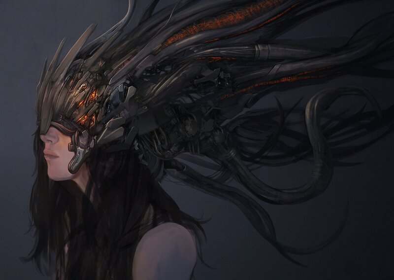 Cyborg Woman with Mechanical Head — Black, Dramatic, Digital Art