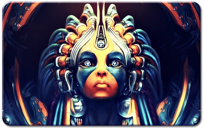 Cyborg Woman with Mechanical Head — Black, Dramatic